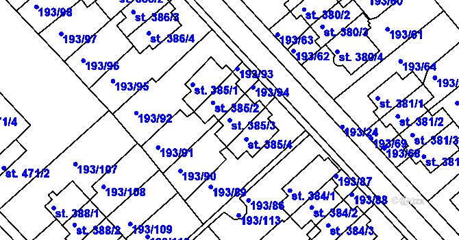 Parcela st. 385/3 v KÚ Sezimovo Ústí, Katastrální mapa