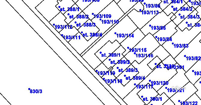 Parcela st. 389/1 v KÚ Sezimovo Ústí, Katastrální mapa