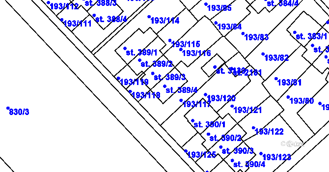Parcela st. 389/4 v KÚ Sezimovo Ústí, Katastrální mapa