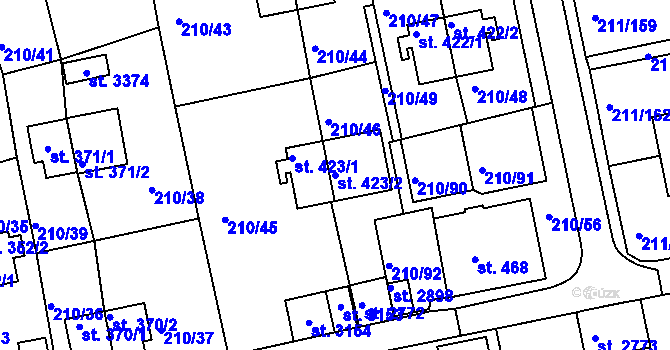 Parcela st. 423/2 v KÚ Sezimovo Ústí, Katastrální mapa