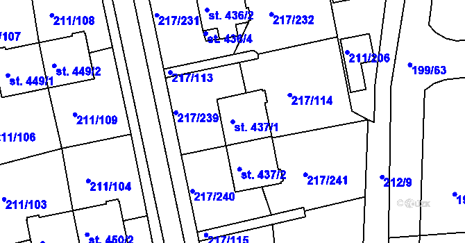 Parcela st. 437/1 v KÚ Sezimovo Ústí, Katastrální mapa