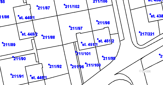 Parcela st. 451/1 v KÚ Sezimovo Ústí, Katastrální mapa