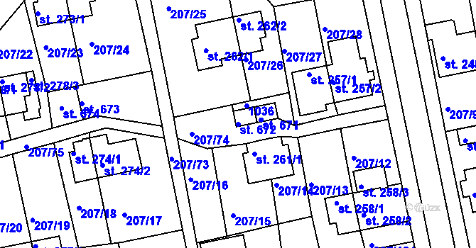Parcela st. 672 v KÚ Sezimovo Ústí, Katastrální mapa