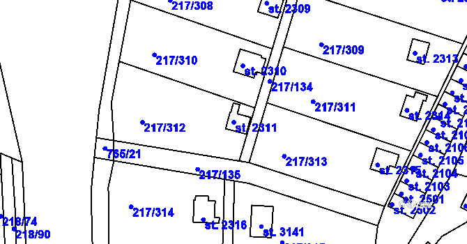 Parcela st. 2311 v KÚ Sezimovo Ústí, Katastrální mapa
