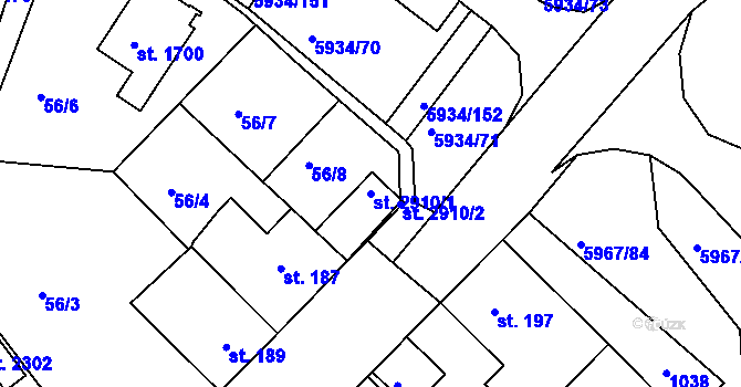 Parcela st. 2910/1 v KÚ Sezimovo Ústí, Katastrální mapa