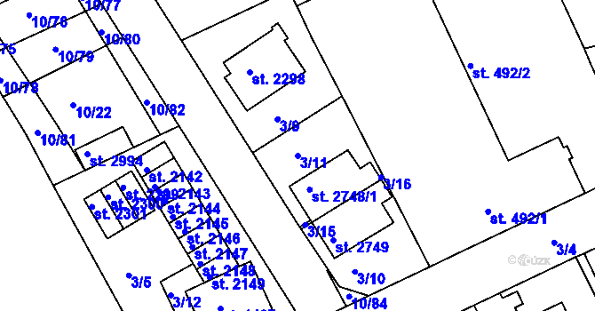 Parcela st. 3/11 v KÚ Sezimovo Ústí, Katastrální mapa