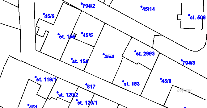 Parcela st. 45/4 v KÚ Sezimovo Ústí, Katastrální mapa