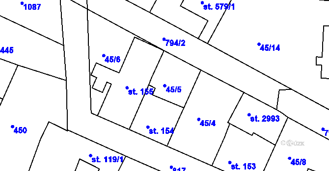 Parcela st. 45/5 v KÚ Sezimovo Ústí, Katastrální mapa