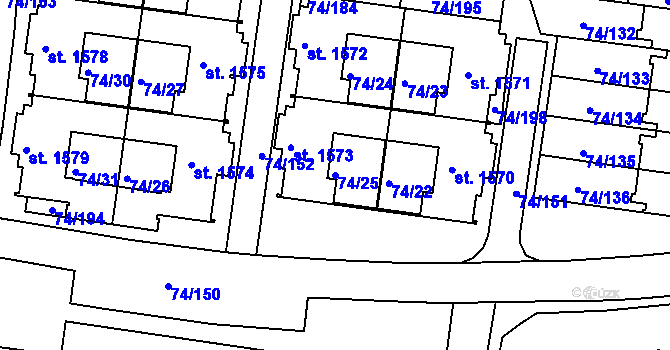 Parcela st. 74/25 v KÚ Sezimovo Ústí, Katastrální mapa