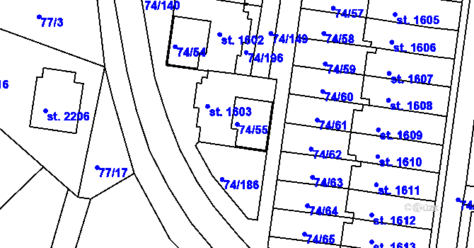 Parcela st. 74/55 v KÚ Sezimovo Ústí, Katastrální mapa