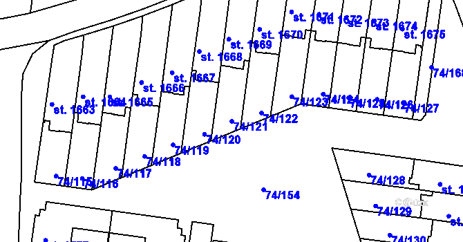 Parcela st. 74/121 v KÚ Sezimovo Ústí, Katastrální mapa