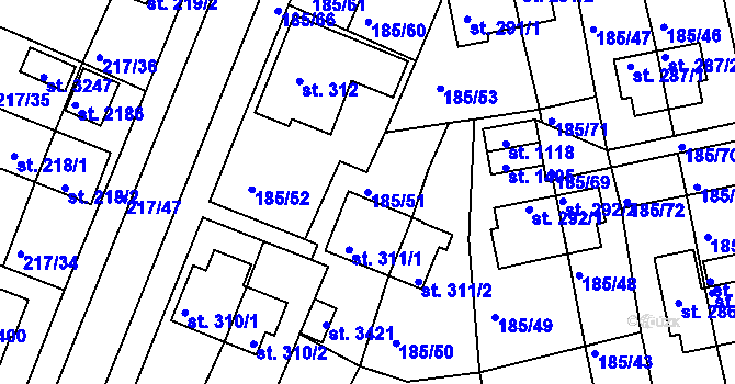 Parcela st. 185/51 v KÚ Sezimovo Ústí, Katastrální mapa