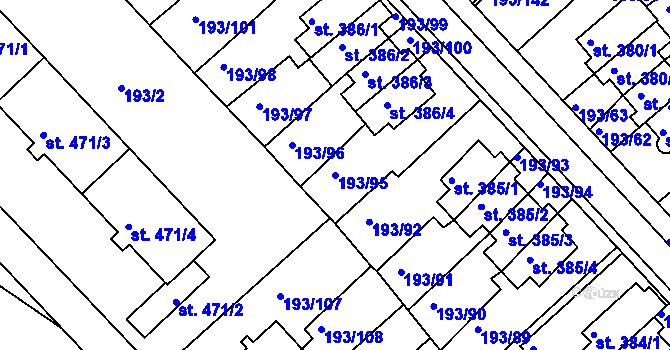 Parcela st. 193/95 v KÚ Sezimovo Ústí, Katastrální mapa