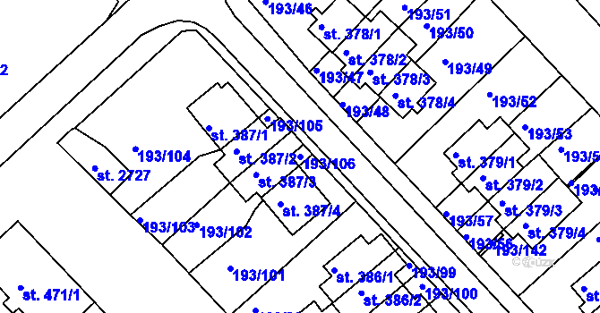 Parcela st. 193/106 v KÚ Sezimovo Ústí, Katastrální mapa