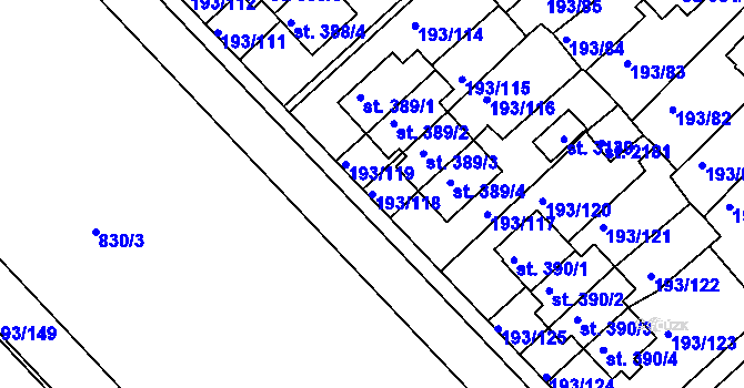 Parcela st. 193/118 v KÚ Sezimovo Ústí, Katastrální mapa