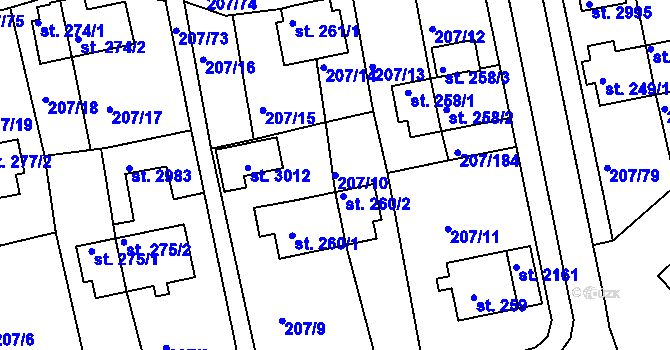 Parcela st. 207/10 v KÚ Sezimovo Ústí, Katastrální mapa