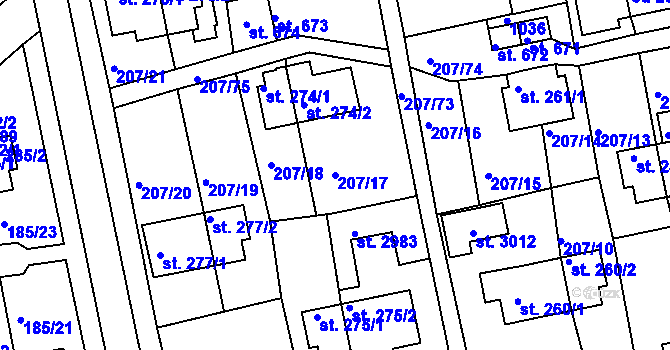 Parcela st. 207/17 v KÚ Sezimovo Ústí, Katastrální mapa
