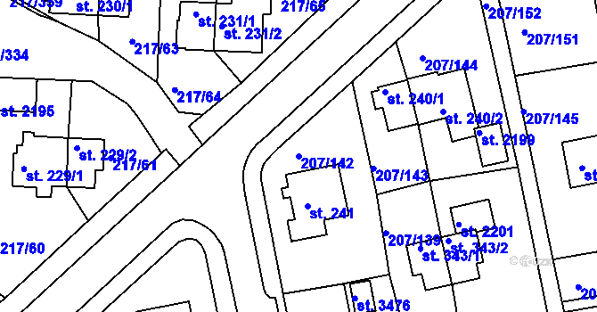 Parcela st. 207/142 v KÚ Sezimovo Ústí, Katastrální mapa