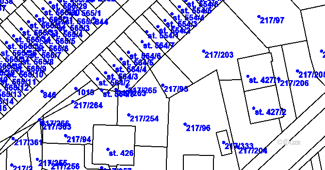 Parcela st. 217/95 v KÚ Sezimovo Ústí, Katastrální mapa