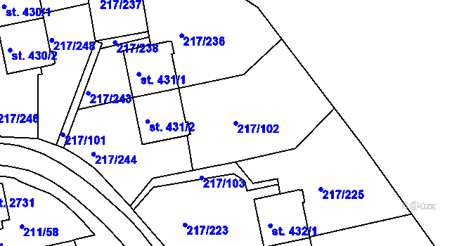 Parcela st. 217/102 v KÚ Sezimovo Ústí, Katastrální mapa