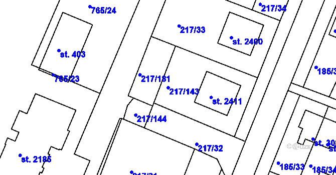 Parcela st. 217/143 v KÚ Sezimovo Ústí, Katastrální mapa