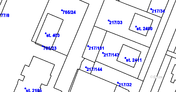 Parcela st. 217/181 v KÚ Sezimovo Ústí, Katastrální mapa