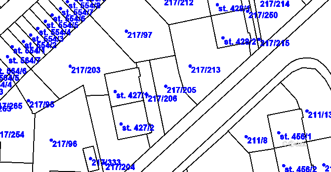 Parcela st. 217/205 v KÚ Sezimovo Ústí, Katastrální mapa