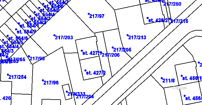 Parcela st. 217/206 v KÚ Sezimovo Ústí, Katastrální mapa