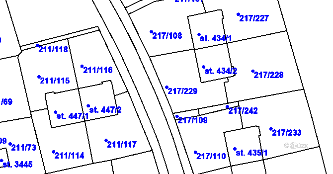 Parcela st. 217/229 v KÚ Sezimovo Ústí, Katastrální mapa