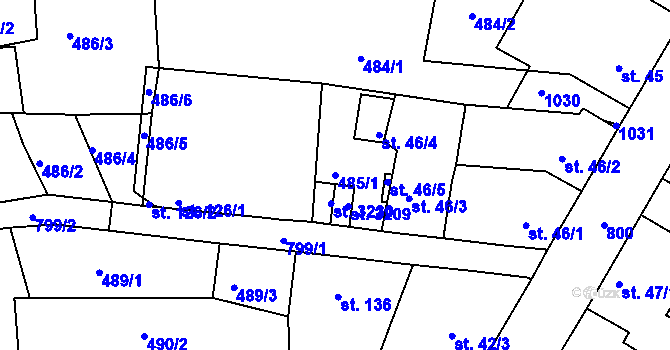 Parcela st. 485/1 v KÚ Sezimovo Ústí, Katastrální mapa