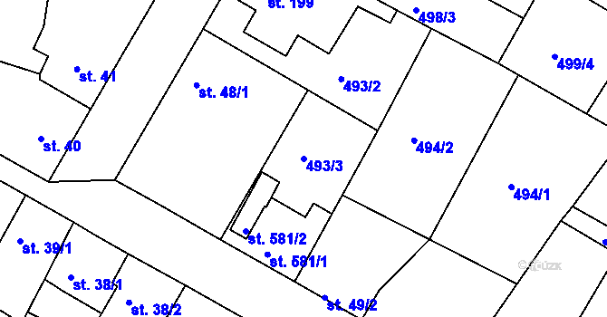 Parcela st. 493/3 v KÚ Sezimovo Ústí, Katastrální mapa