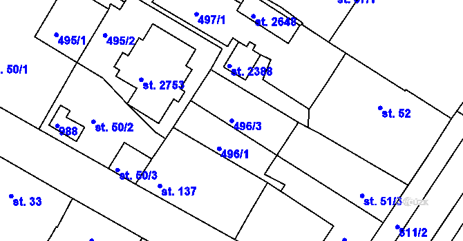 Parcela st. 496/3 v KÚ Sezimovo Ústí, Katastrální mapa