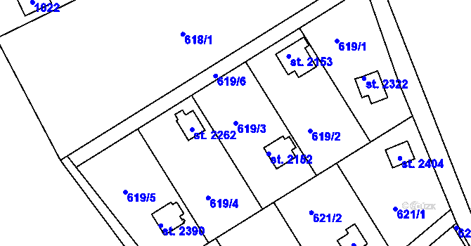 Parcela st. 619/3 v KÚ Sezimovo Ústí, Katastrální mapa