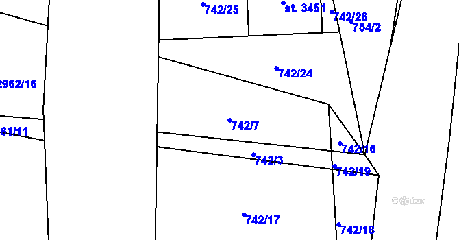 Parcela st. 742/7 v KÚ Sezimovo Ústí, Katastrální mapa