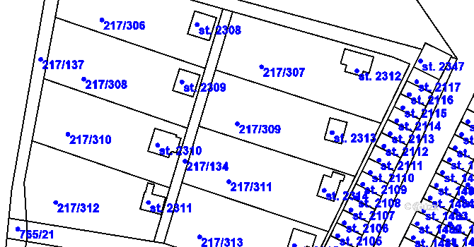 Parcela st. 217/309 v KÚ Sezimovo Ústí, Katastrální mapa