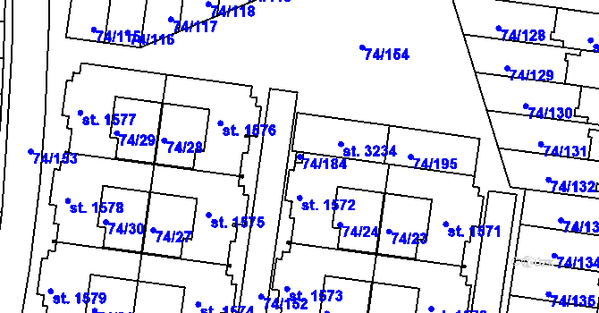 Parcela st. 74/184 v KÚ Sezimovo Ústí, Katastrální mapa
