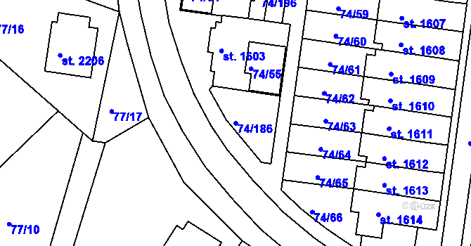 Parcela st. 74/186 v KÚ Sezimovo Ústí, Katastrální mapa