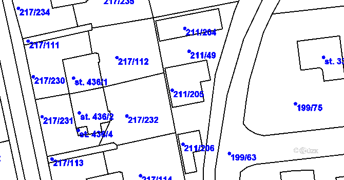 Parcela st. 211/205 v KÚ Sezimovo Ústí, Katastrální mapa