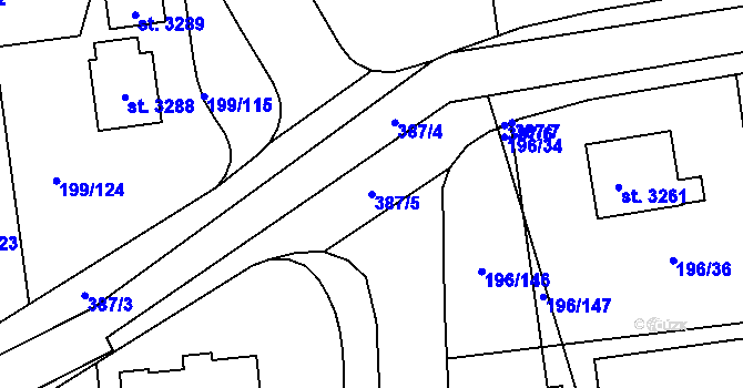 Parcela st. 387/5 v KÚ Sezimovo Ústí, Katastrální mapa