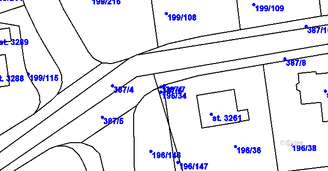 Parcela st. 387/7 v KÚ Sezimovo Ústí, Katastrální mapa