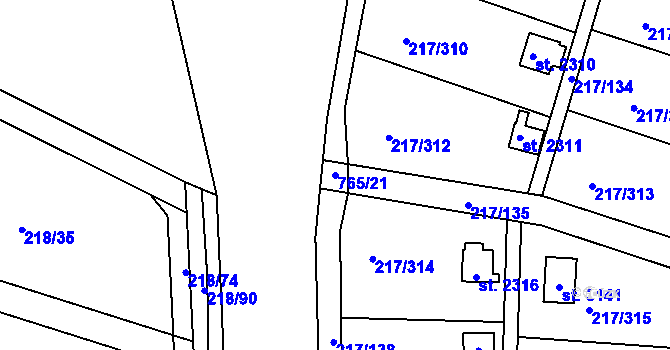 Parcela st. 765/21 v KÚ Sezimovo Ústí, Katastrální mapa
