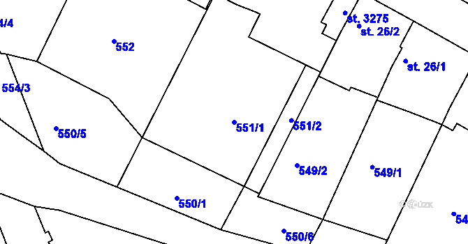 Parcela st. 551/1 v KÚ Sezimovo Ústí, Katastrální mapa