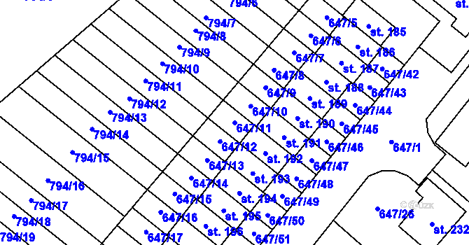 Parcela st. 647/11 v KÚ Květnice, Katastrální mapa