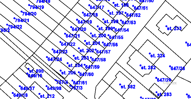 Parcela st. 647/57 v KÚ Květnice, Katastrální mapa
