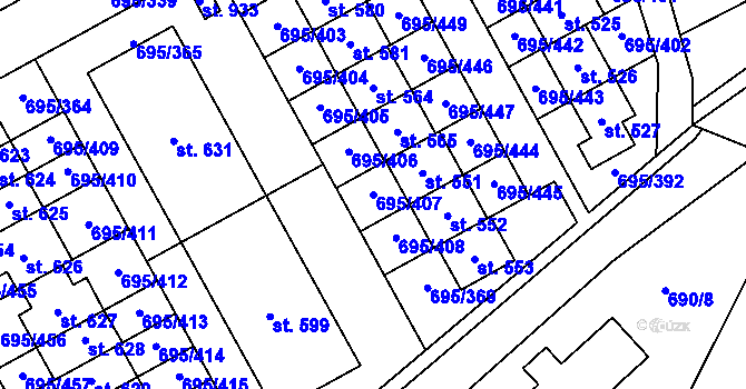 Parcela st. 695/407 v KÚ Květnice, Katastrální mapa