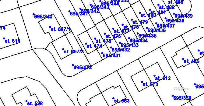 Parcela st. 695/431 v KÚ Květnice, Katastrální mapa