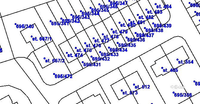 Parcela st. 695/433 v KÚ Květnice, Katastrální mapa