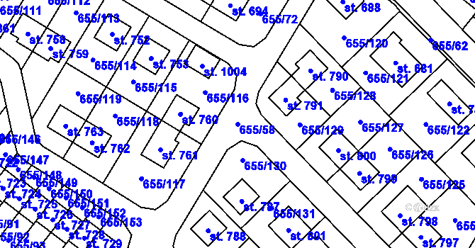 Parcela st. 655/58 v KÚ Květnice, Katastrální mapa
