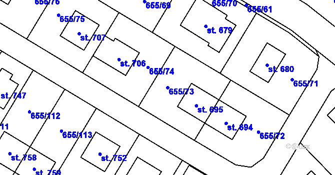 Parcela st. 655/73 v KÚ Květnice, Katastrální mapa
