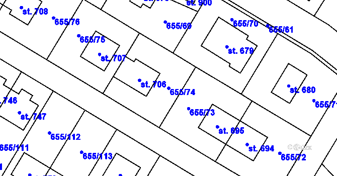 Parcela st. 655/74 v KÚ Květnice, Katastrální mapa
